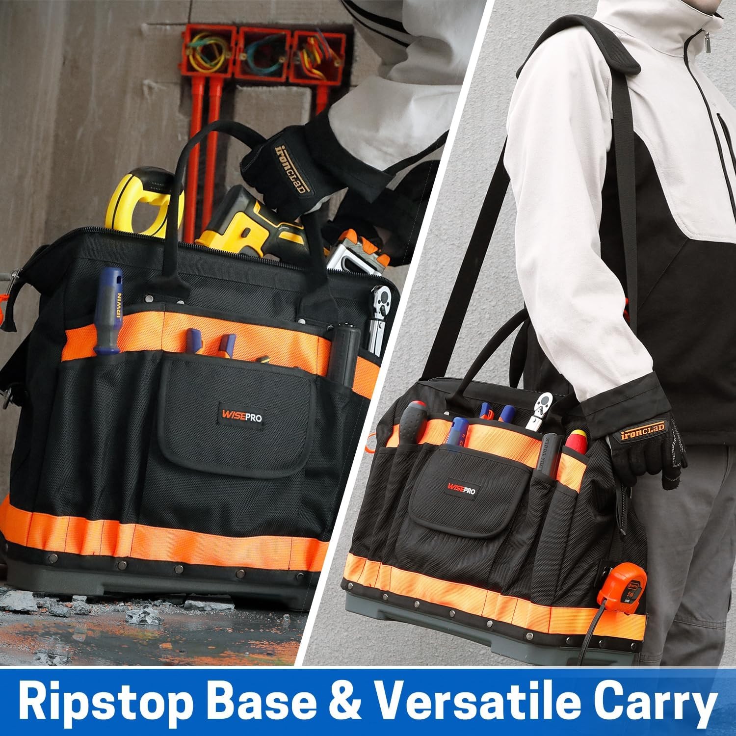 16 inch Heavy Duty Wide Mouth Tool Bag for Plumbers, Waterproof, Multi-Pockets
