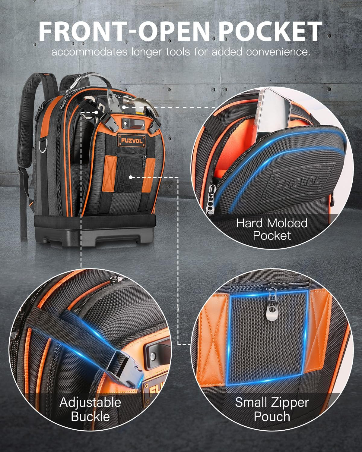 Heavy Duty Tool Backpack, 18-Inch Hard Shell Electrician Tool Bag, Full-Open Wor