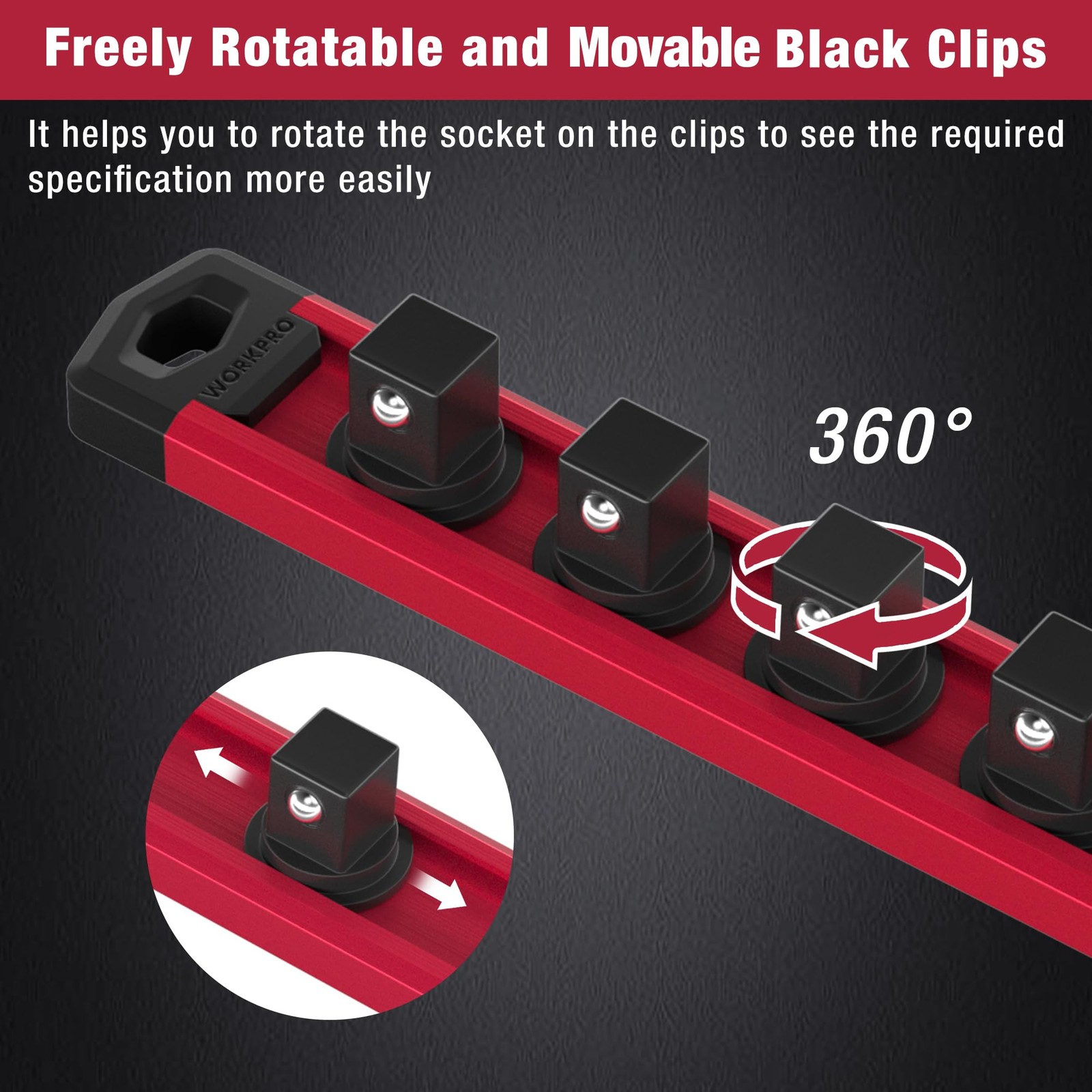 WORKPRO Magnetic Socket Organizer, 3/8-Inch Drive Aluminum Alloy 3/8″ DR, Red