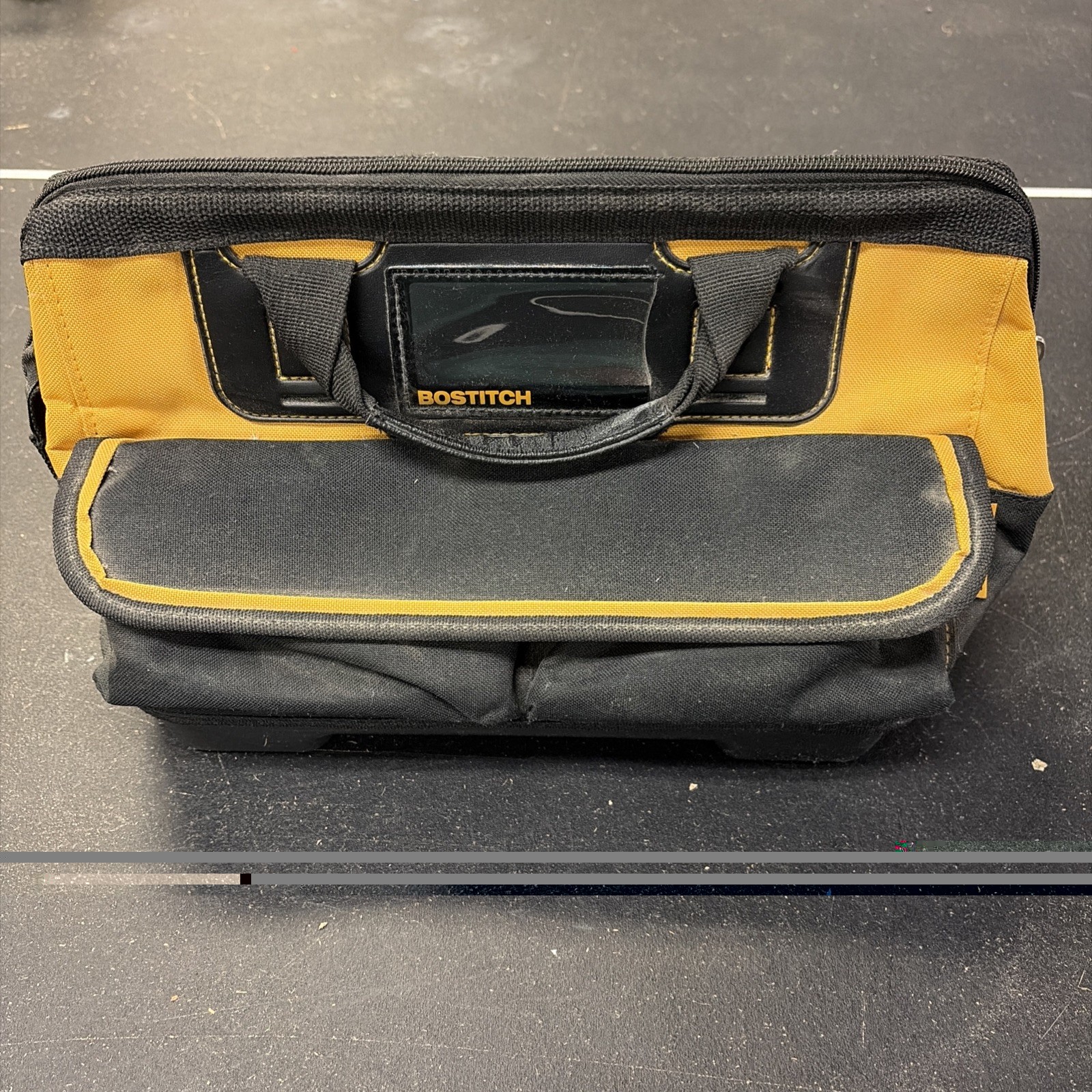 Bostitch Tool Bag Black Yellow Hard Bottom Multi Pocket Zippered 14 Inch Carry