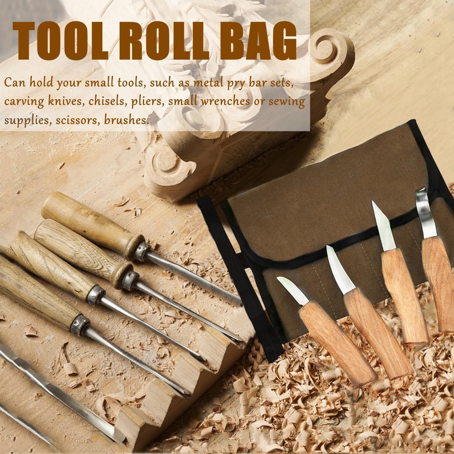 BLIRITEL Small Canvas Chisel Roll, Chisels Bag Tool Organizer with 4 Khaki