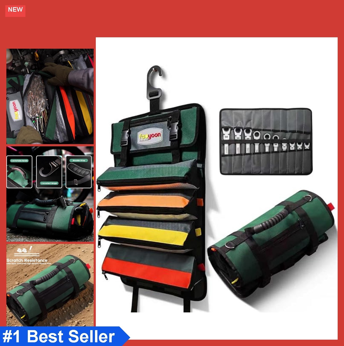 Heavy Duty Roll Up Tool Bag Oxford Fabric Waterproof 4 Detachable Pouches