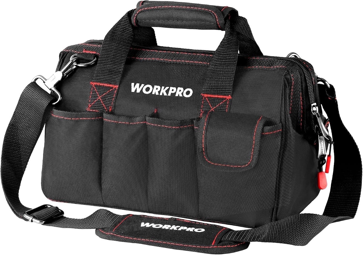 Spacious 12-Inch Tool Bag with 7 Pockets and Wide Mouth Access – Black & Red