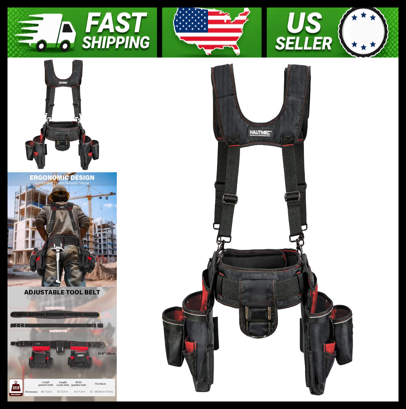 HAUTMEC Heavy Duty Tool Belt with Suspenders, 19-Pocket Work Rig