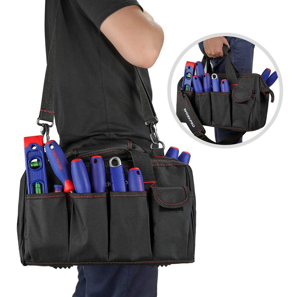 WORKPRO Close Top Wide Mouth Tool Storage Bag 16″/14″/12″ Rubber Base Pocket Bag