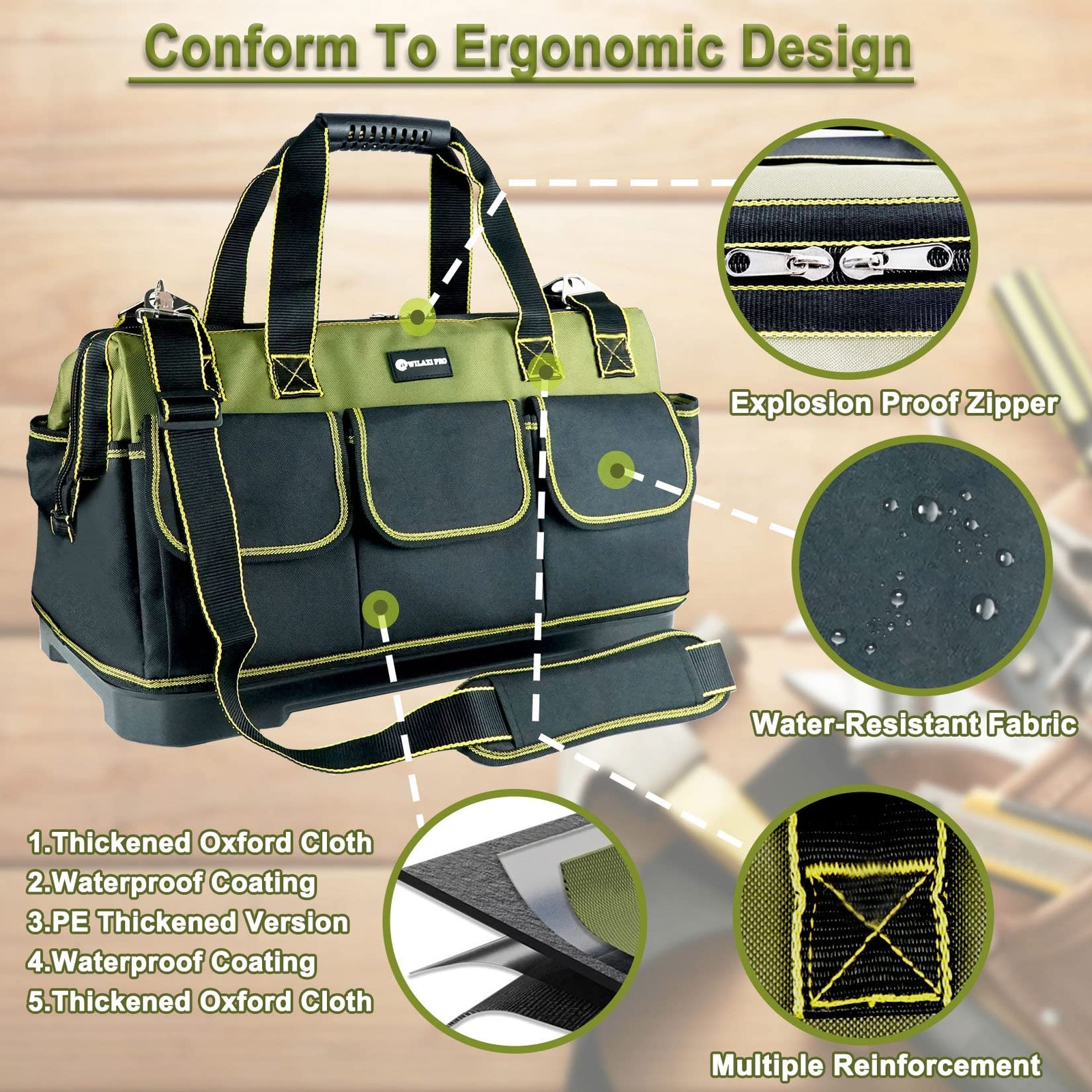 17 Inch Tool Bag Men Heavy Duty Waterproof Molded Base Wide Mouth Tote Bag