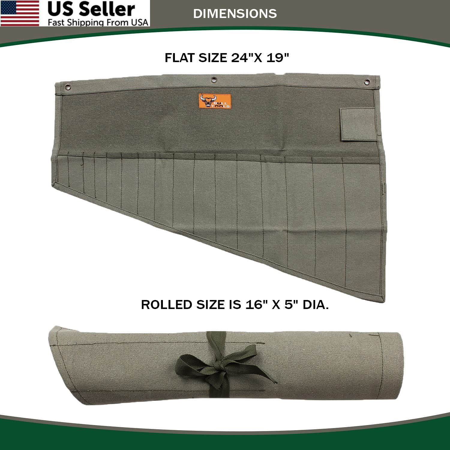 BULL TOOLS Wrench Roll, 16 Pocket Tool Large (16 – PKT), Washed Olive Drab