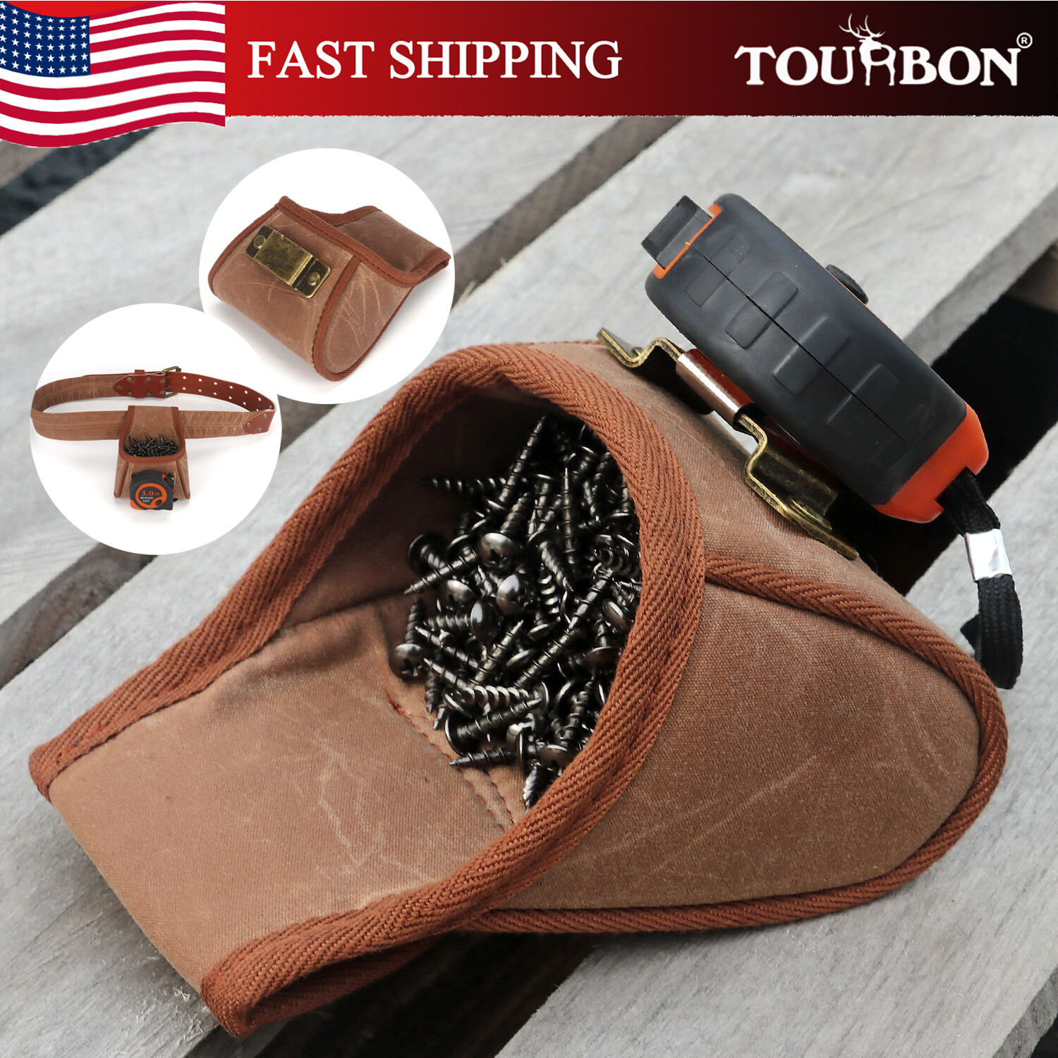 TOURBON Wax Canvas Tool Carry Belt Pouch Workshop NailScrews Tape Measure Holder
