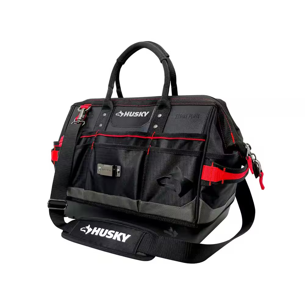 Husky Tool Bag 16in Heavy Duty Pro Tote Organizer 28 Pocket Waterproof Base