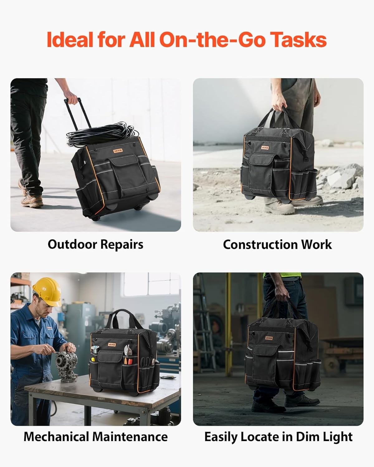 15″ Rolling Tool Bag 25 Pockets Heavy Duty 110lb Capacity Wheeled Tool Organizer