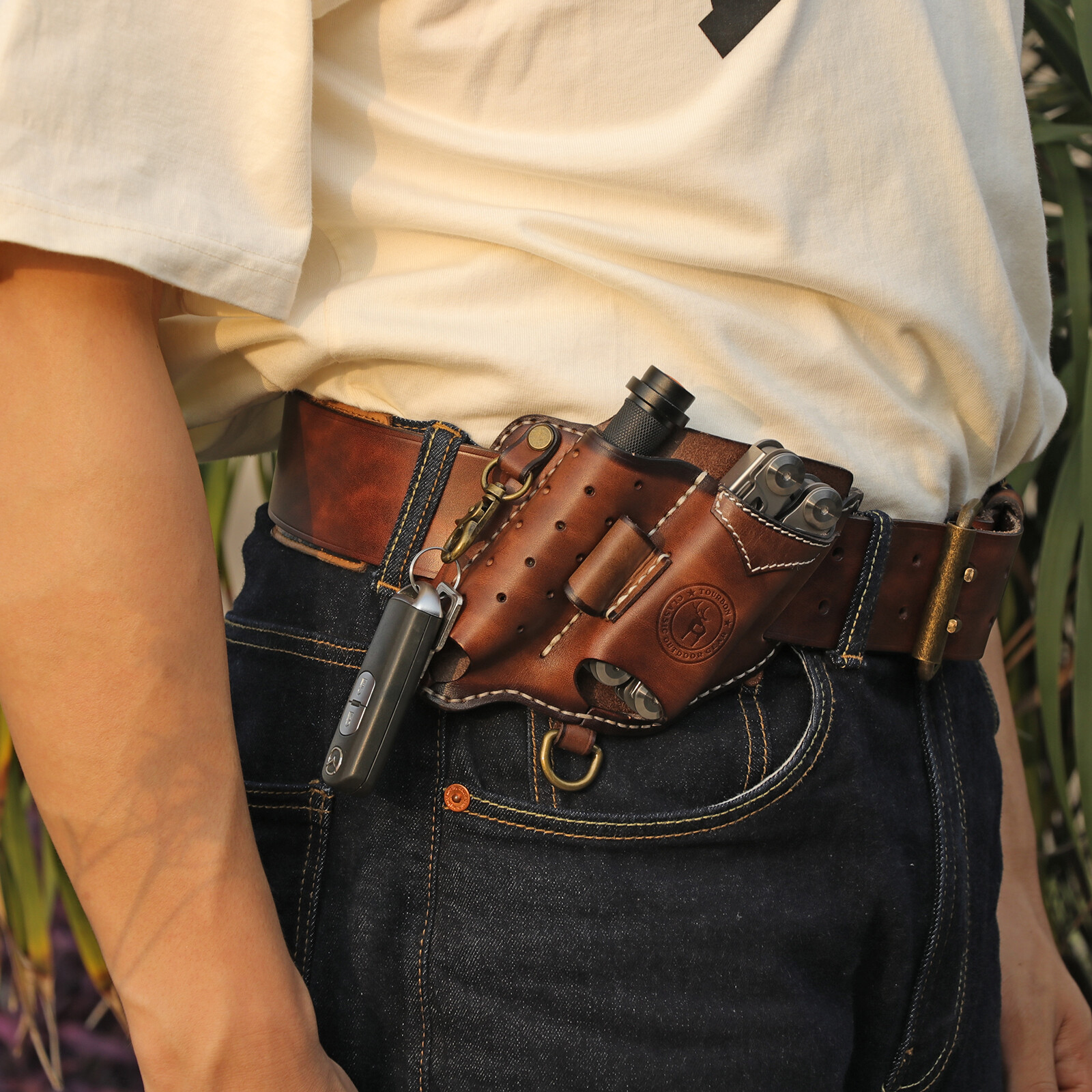 Tourbon Leather EDC Multitool Sheath Flashlight Holder Pen Belt Holster Camping