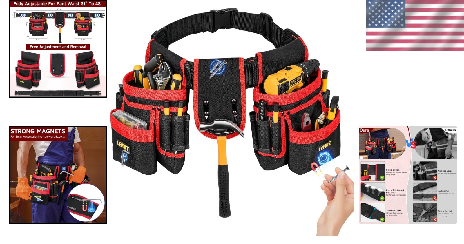 27-Pocket Heavy-Duty Adjustable Tool Belt with Magnetic Pouches in Red & Black