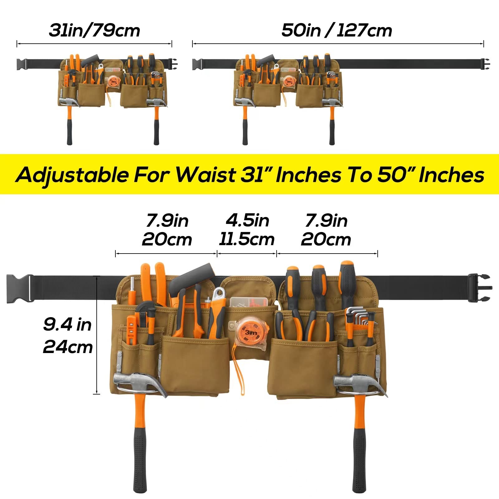 19 Pocket Tool Belts Quick Release Buckle Adjustable Work Apron Khaki