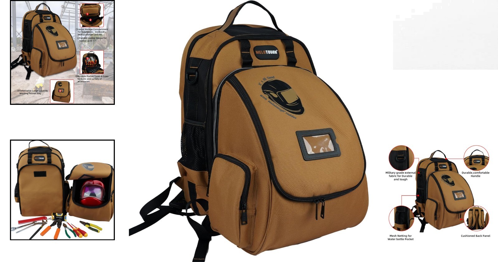 Luxury Brown Welding Tool Backpack with Detachable Helmet Bag & Large Capacity