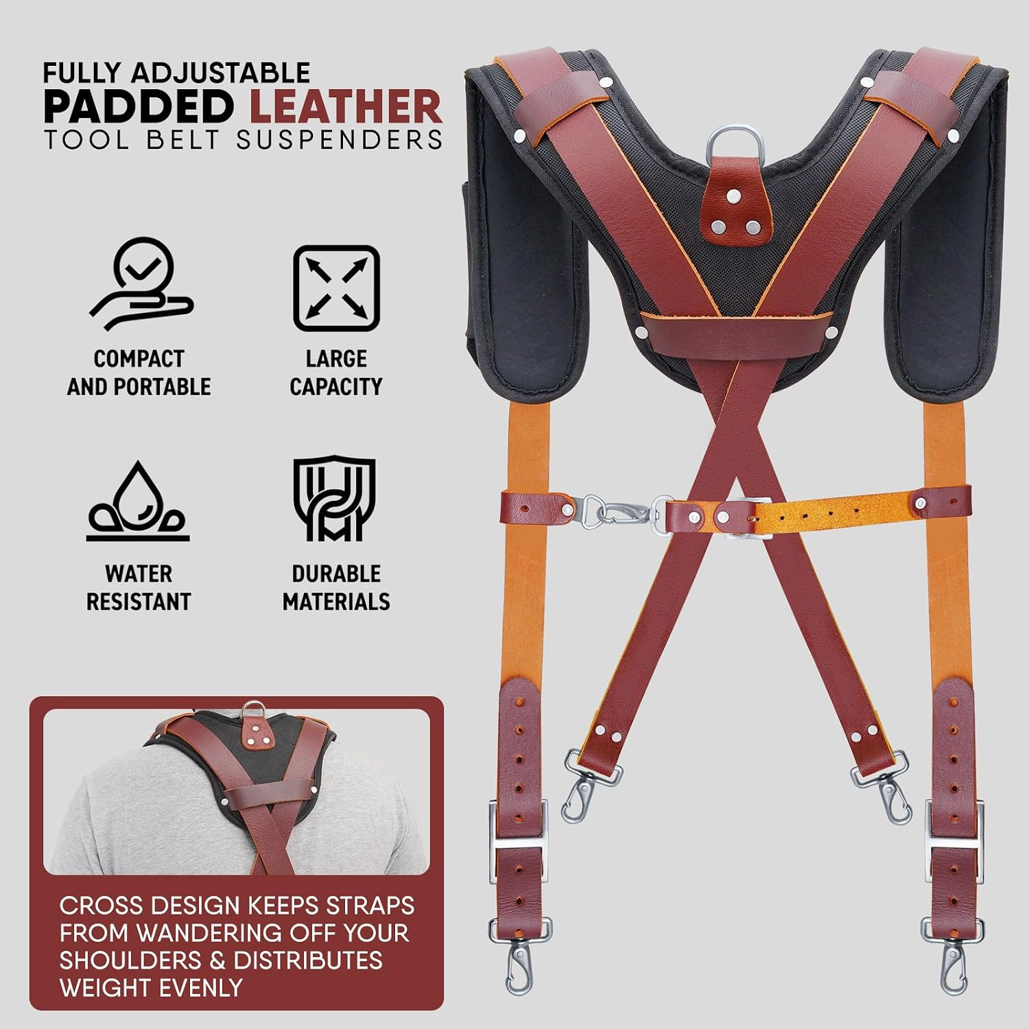 Leather Work Suspender with Cell Phone Pocket | Fully-Adjustable Padded Heavy Du