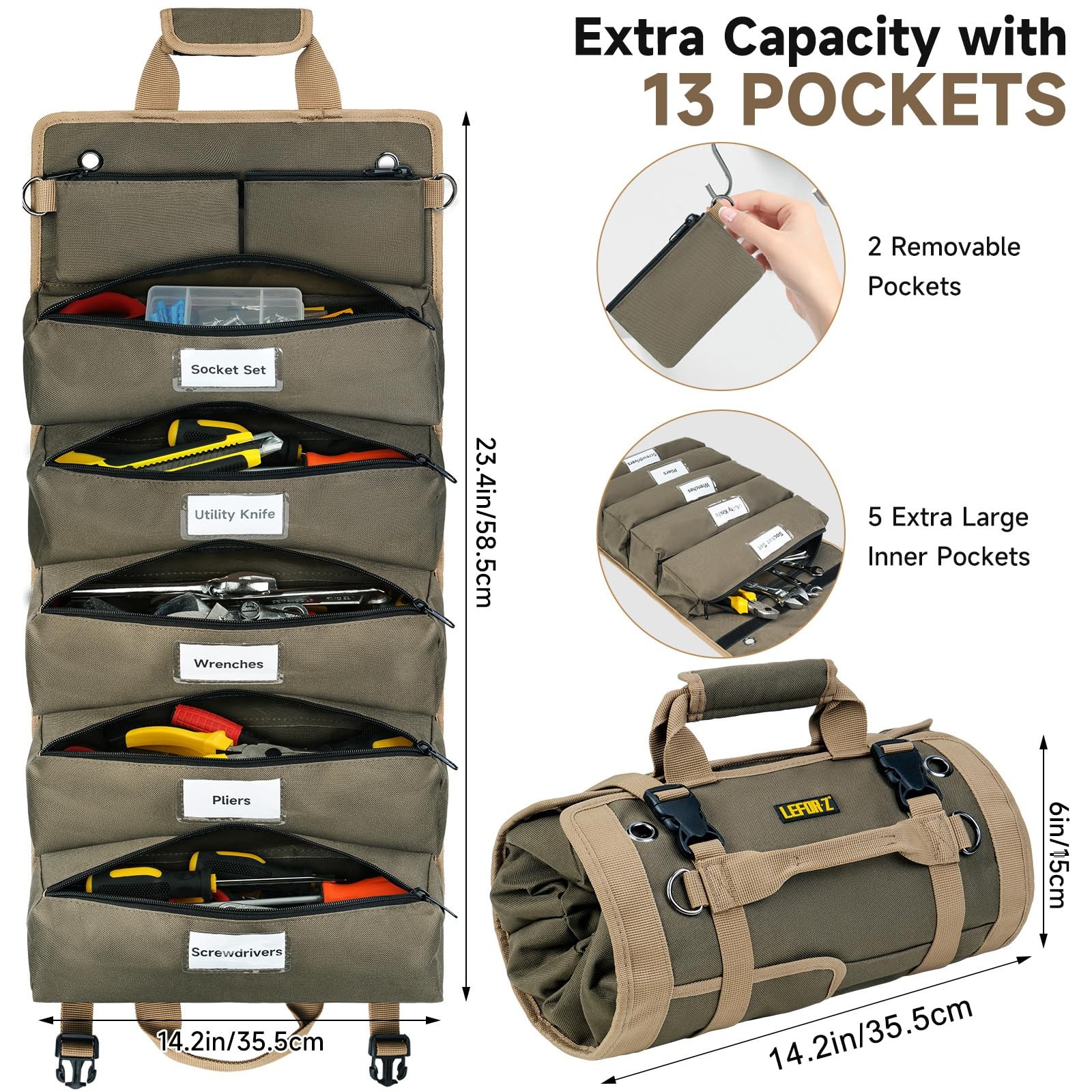 Tool Bag,Large Roll Up Bag Organizer,13 Pockets X-Large, Olive Green