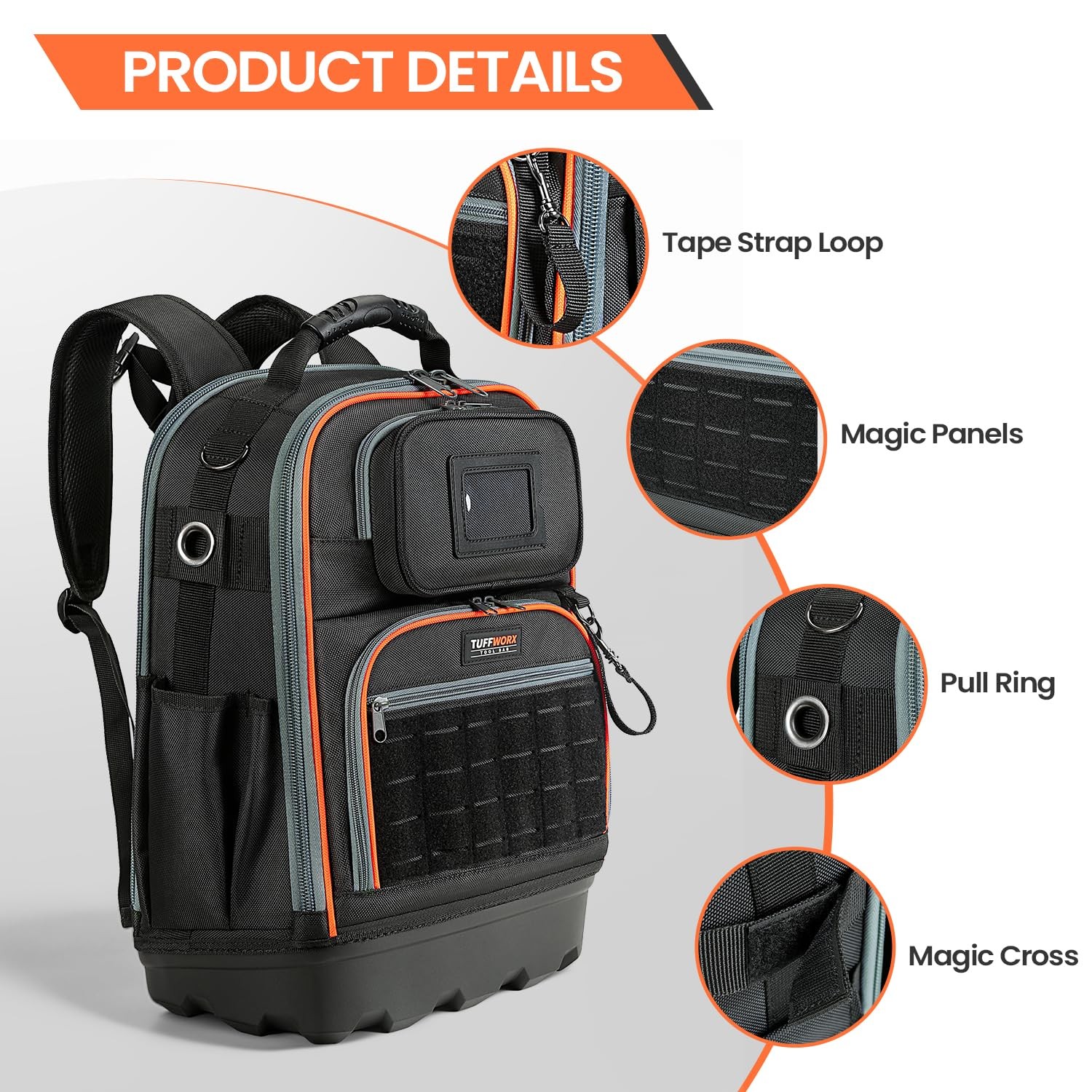 Tool Backpack, 35 Pockets, 18.5 x 13.7 x 7.8 Inches, Black and Orange, Water-…