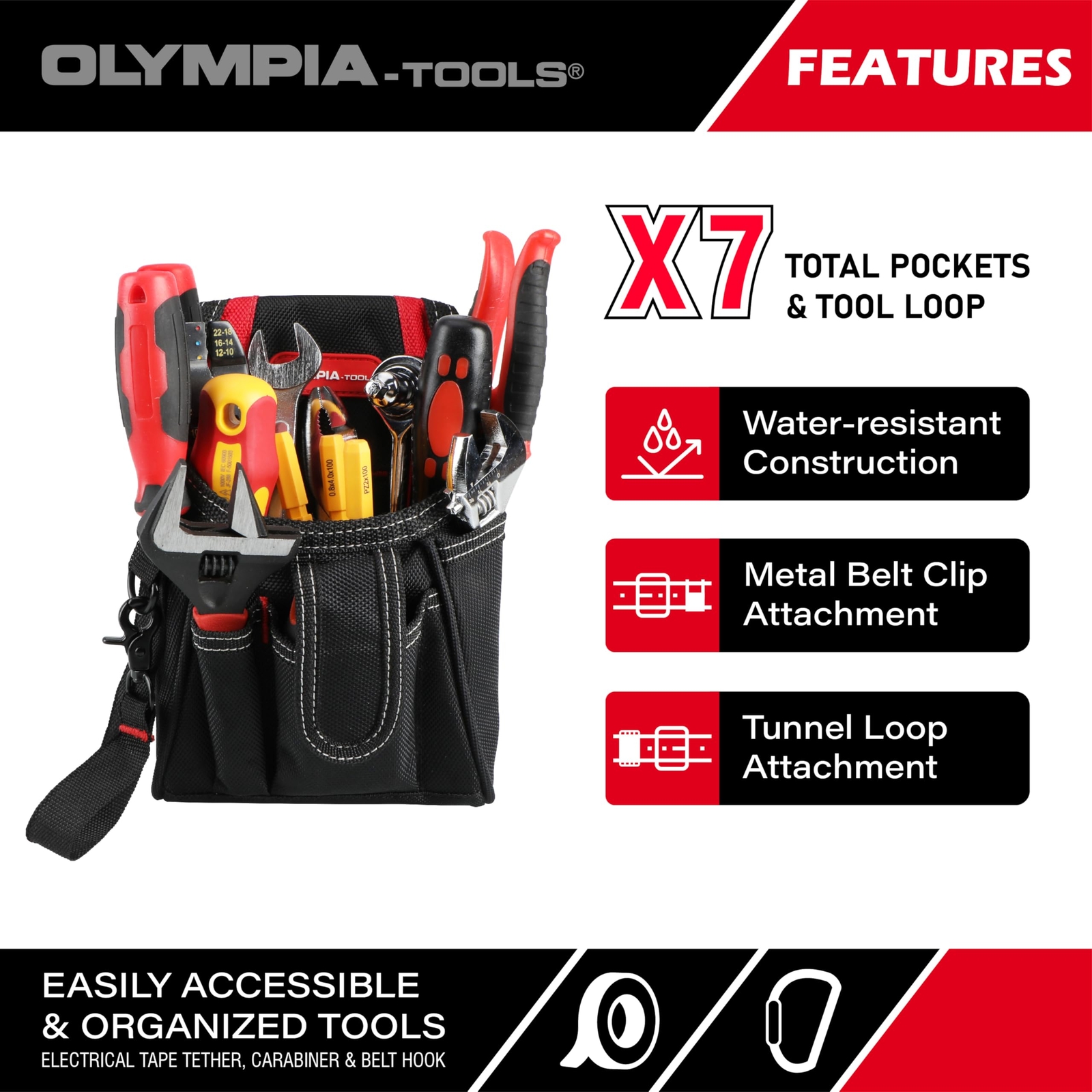 7 Pocket Tool Pouch with Belt Clip Black & Red