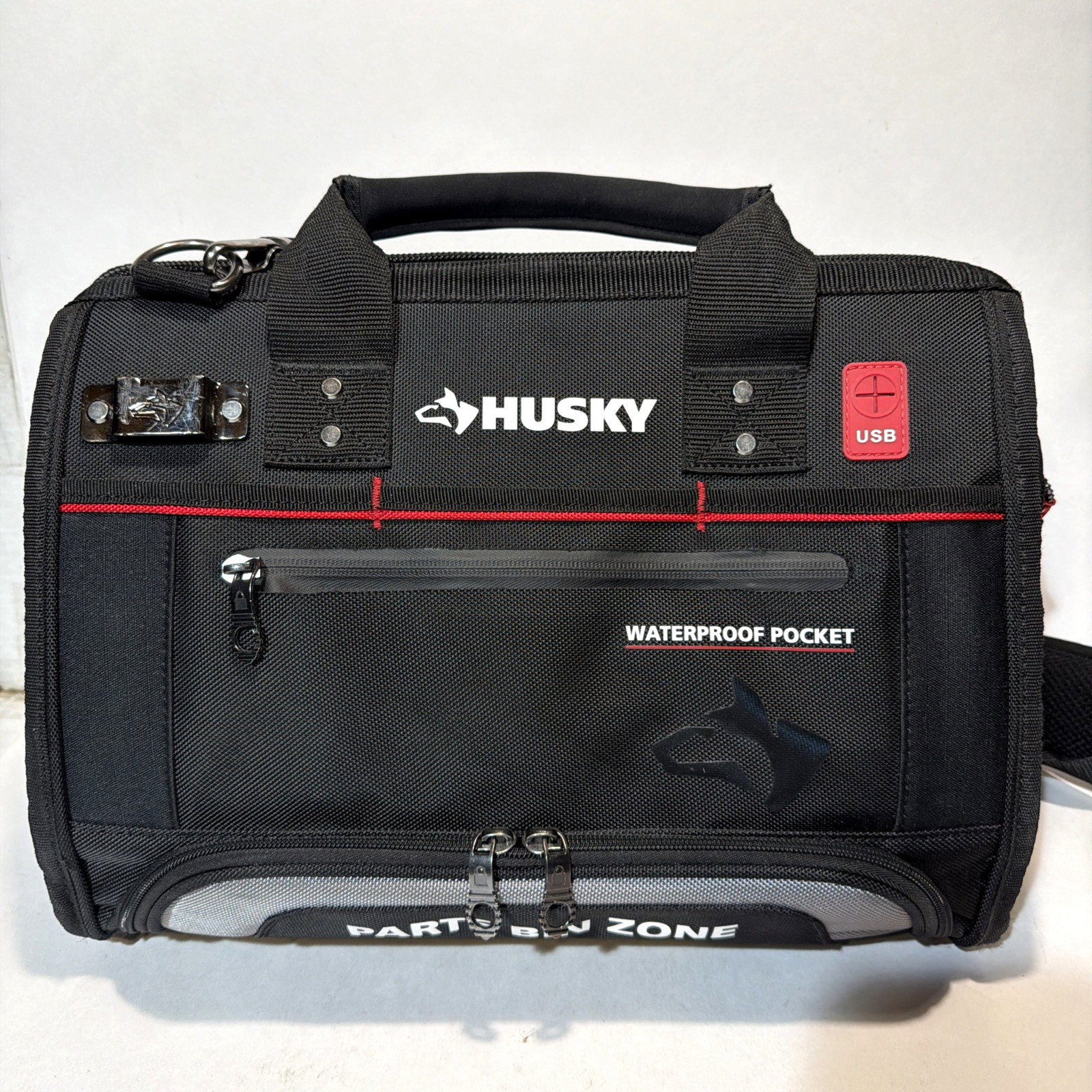 Husky 16 In. Large Mouth Tool Bag with Parts Bin Zone