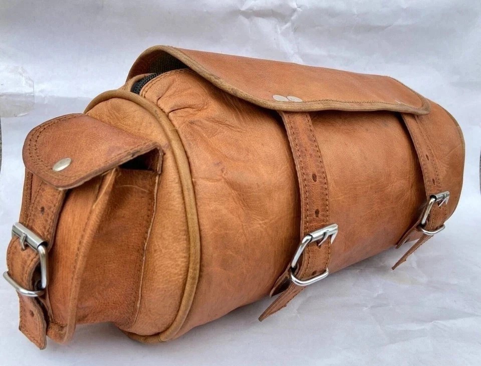 Goat Leather Motorcycle Tool Bag Vintage Strap Buckle Closure Brown Genuine