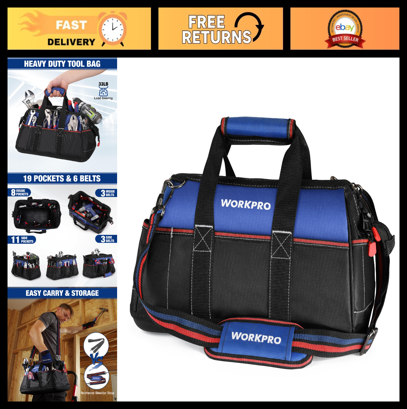 16″ Wide Mouth Tool Bag – Heavy Duty Cloth, Waterproof Base, Adjustable Strap, G