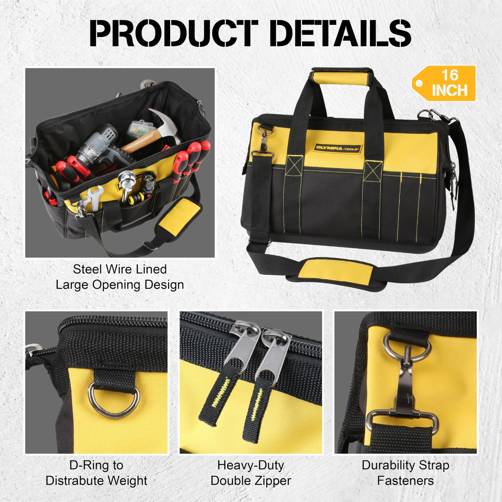 S 16 Inch Wide Mouth Tool Bag Molded Waterproof Base With 21 Pockets And 7 Belt