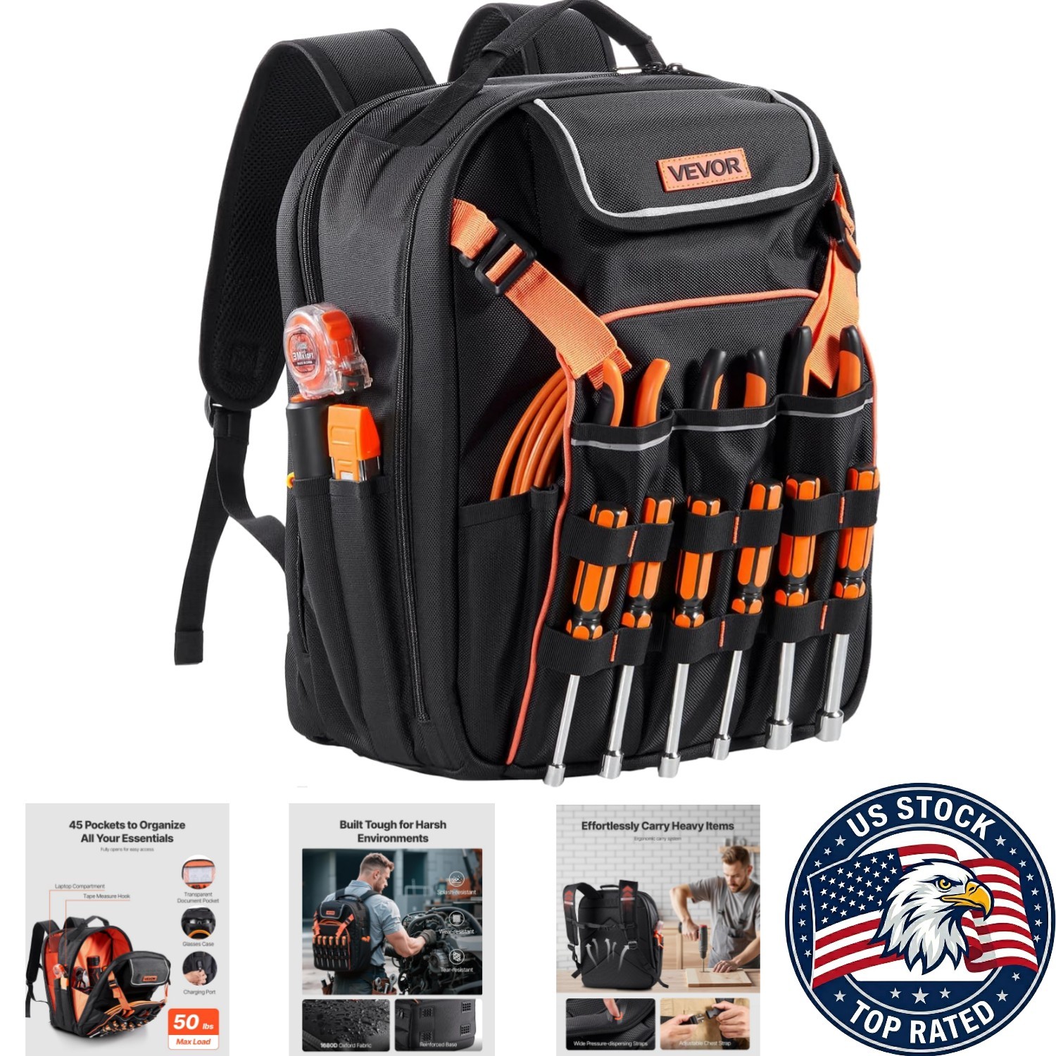 Ergonomic Jobsite Tool Backpack: 45 Pockets, Reflective Strips & Reinforced Base
