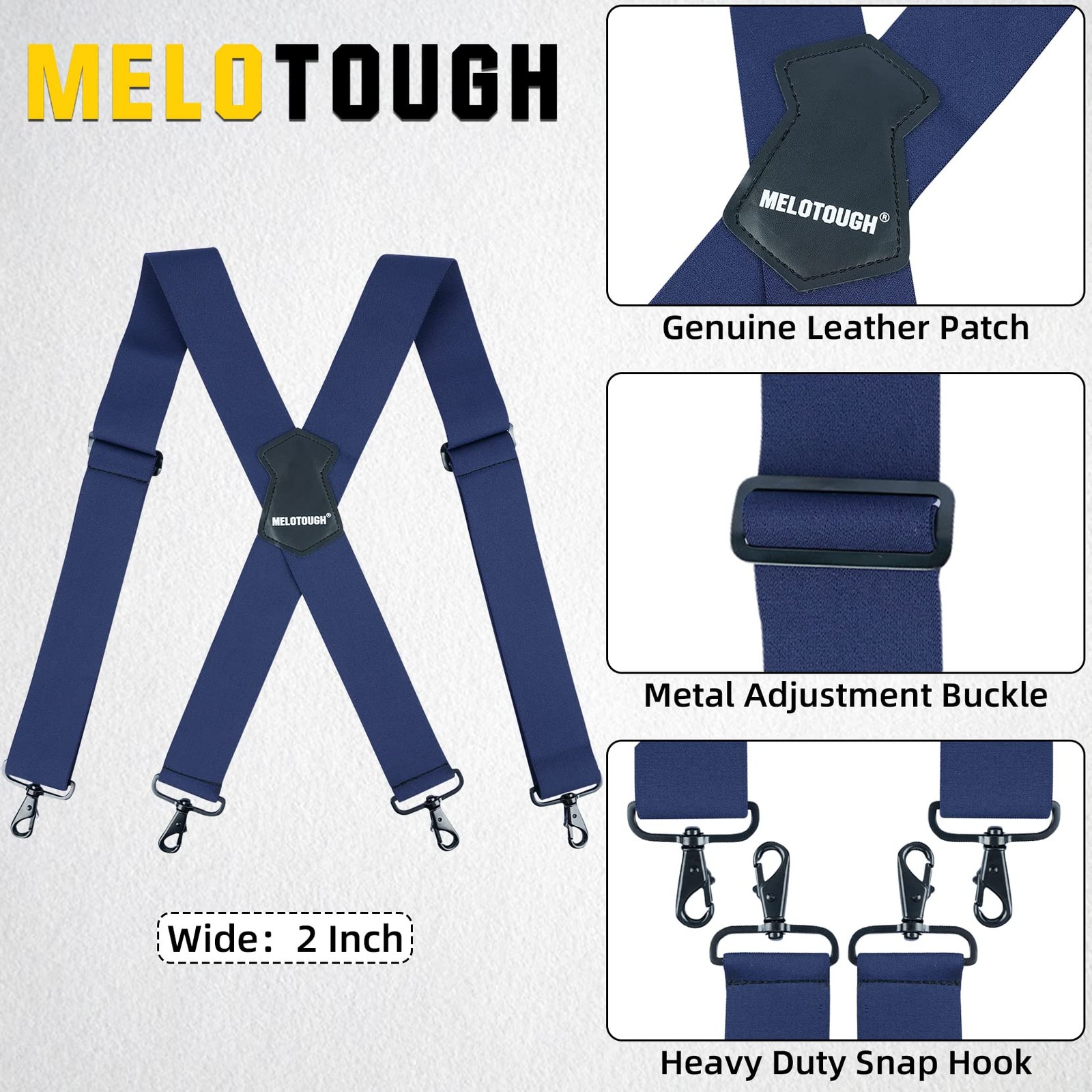 MELOTOUGH Men’s Suspenders Fully Elastic 2 Inch Wide X-Back 2 inch, Navy Blue