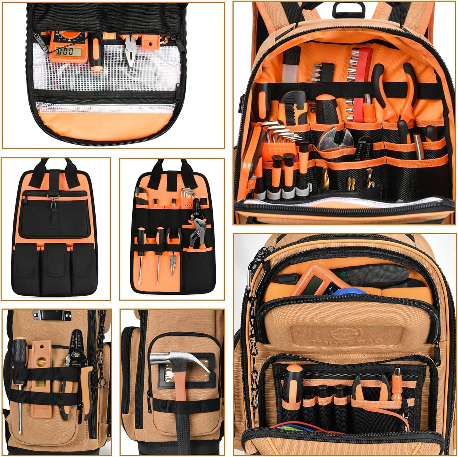 18.1-Inch Heavy-Duty Tool Backpack, 75 Pockets, Brown | 110 Lbs Load Tested, 168