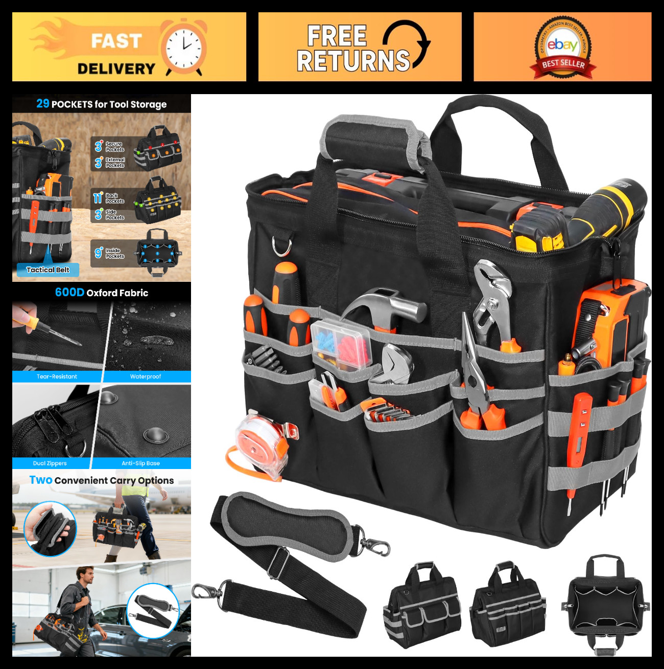 17″ Heavy Duty Tool Bag, Waterproof Multi-Pocket Organizer with Adjustable Strap
