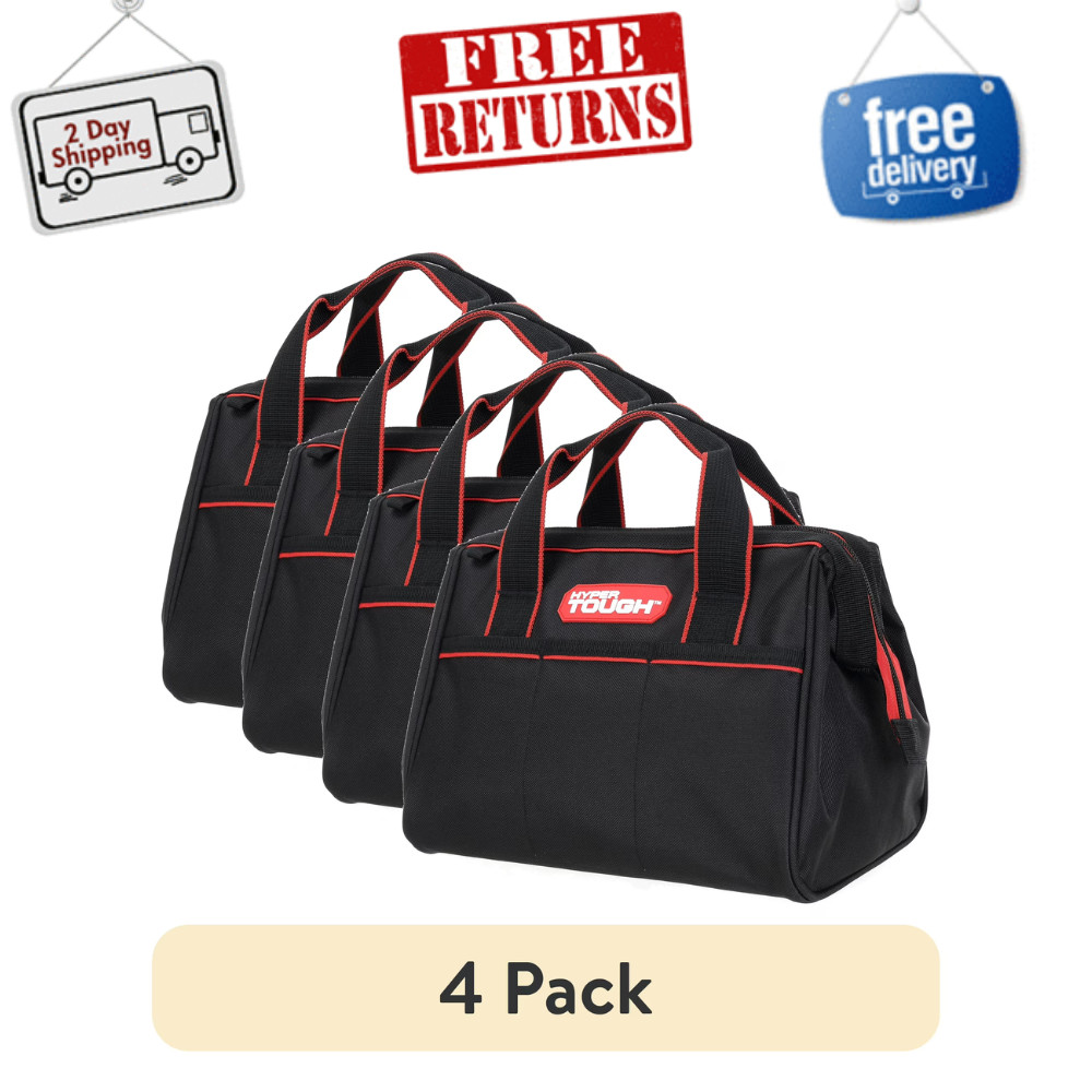 (4 Pack) Hyper Tough 12-Inch Tool Bag, Heavy-Duty Storage Organizer, 3-Pockets