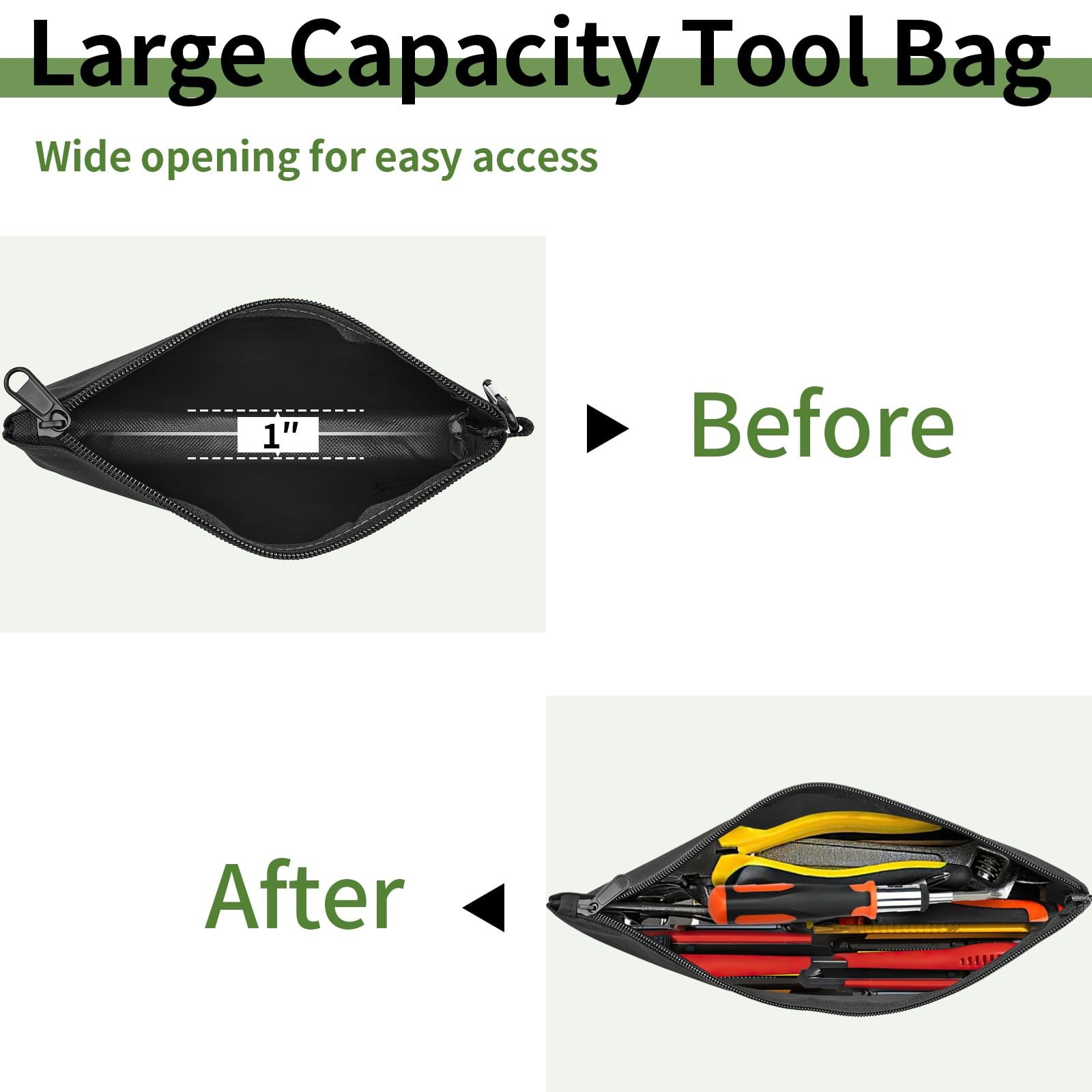 3 Pcs Zipper Tool Pouches, 12 Inch Flat Bottom Utility Bags with Carabiners