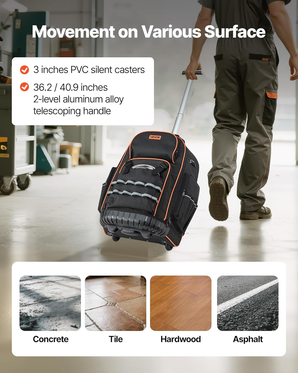 Rolling Tool Backpack, 110 Lbs Load Capacity, 72 Pockets Heavy Duty Roller Tool