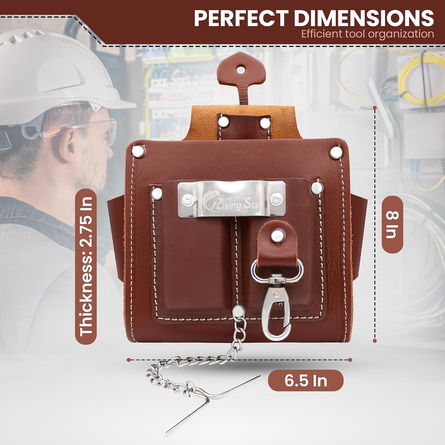 Rising Star 100% Genuine Brown Leather Electrician Tool Pouch – 6 Pocket Heav…