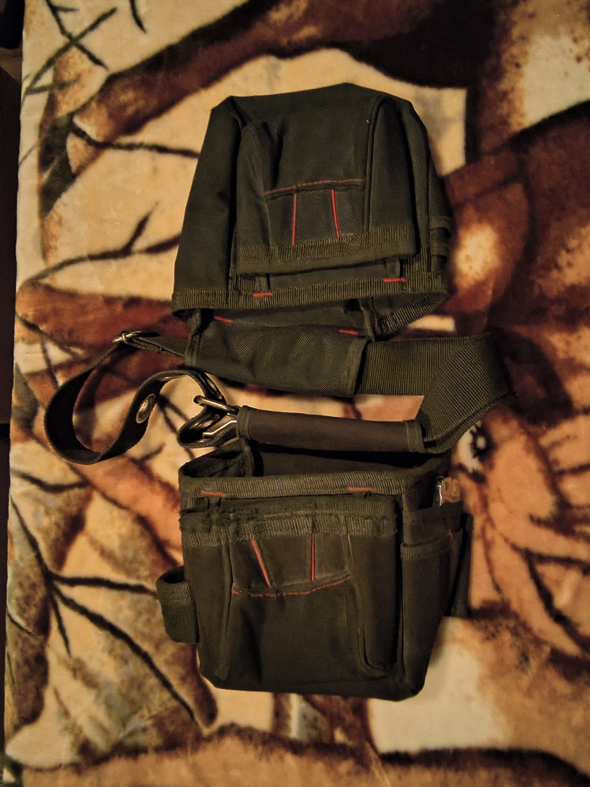 Black Fabric Tool Belt Pouch with Adjustable Strap and Red Stitching