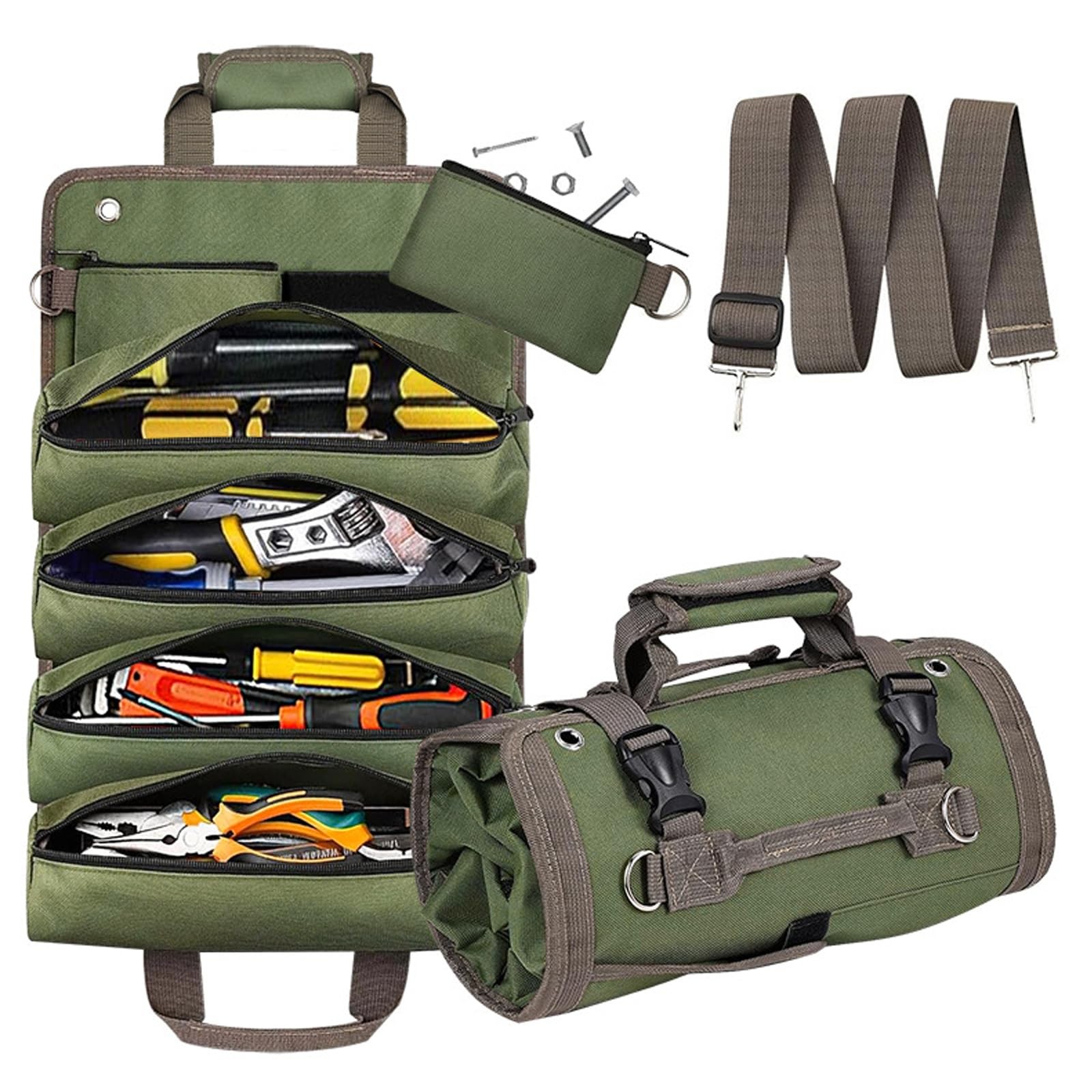 Roll Up Tool Bag Portable Folding Detachable Pouch Heavy Duty Storage Green