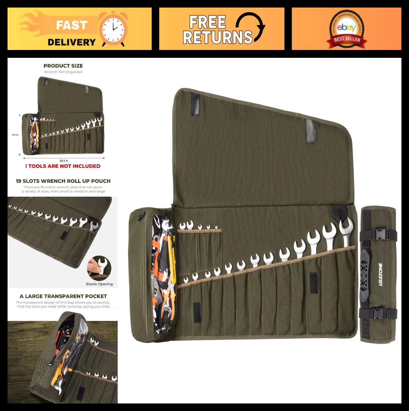 Portable Wrench Roll Pouch, 19+1 Pocket Tool Organizer Bag, Heavy Duty Canvas, G
