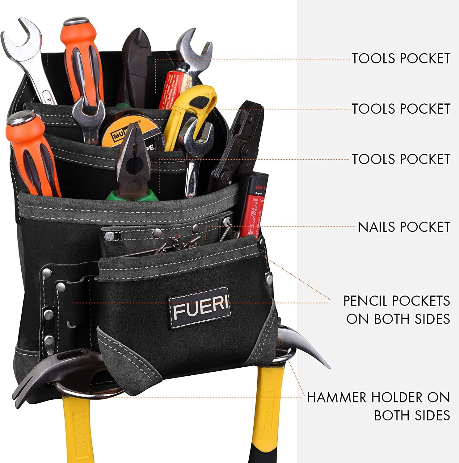 Leather Tool Pouch for Carpenters 10 Pocket Framers Electrician Belt Nail Bag