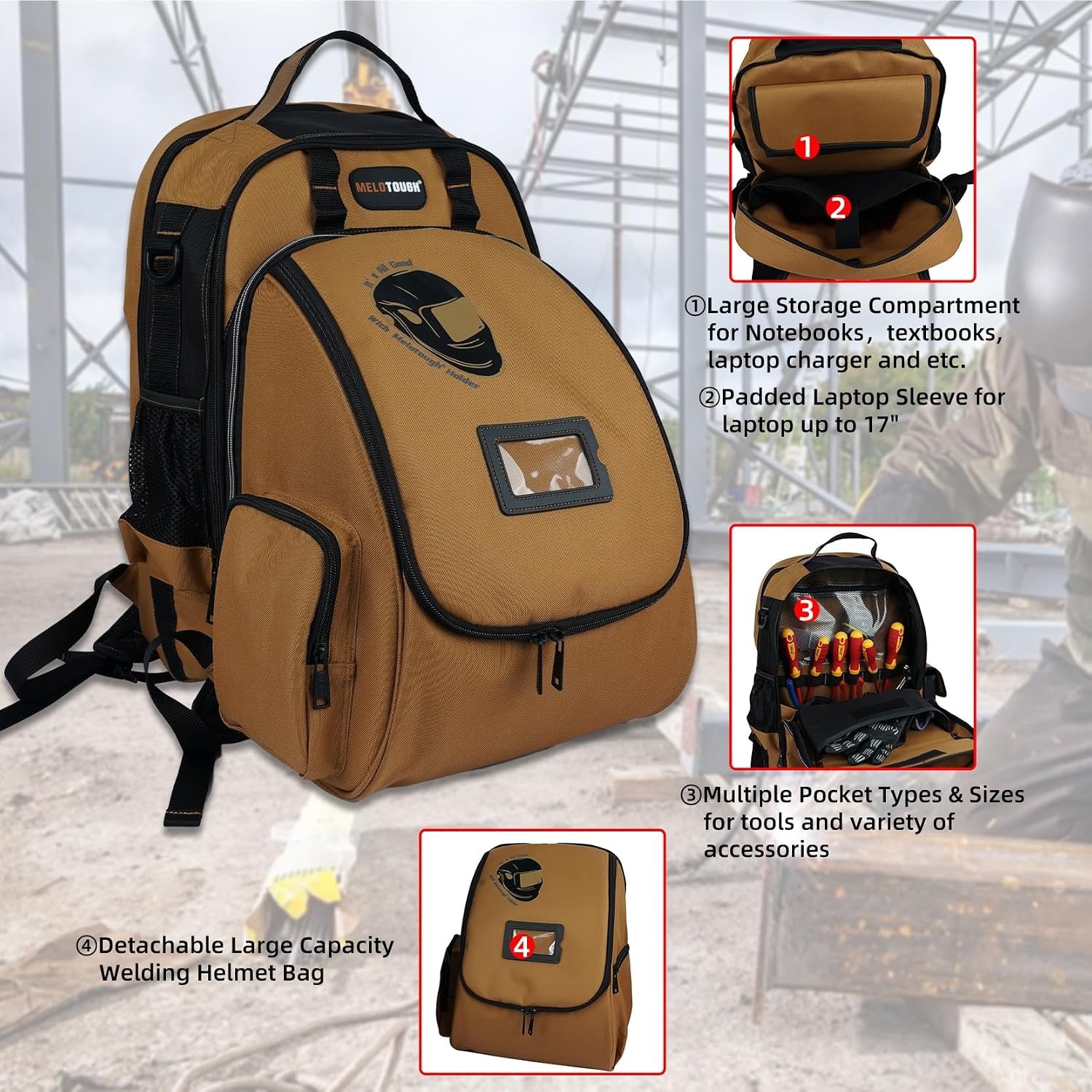 Luxury Brown Welding Tool Backpack with Detachable Helmet Bag & Large Capacity