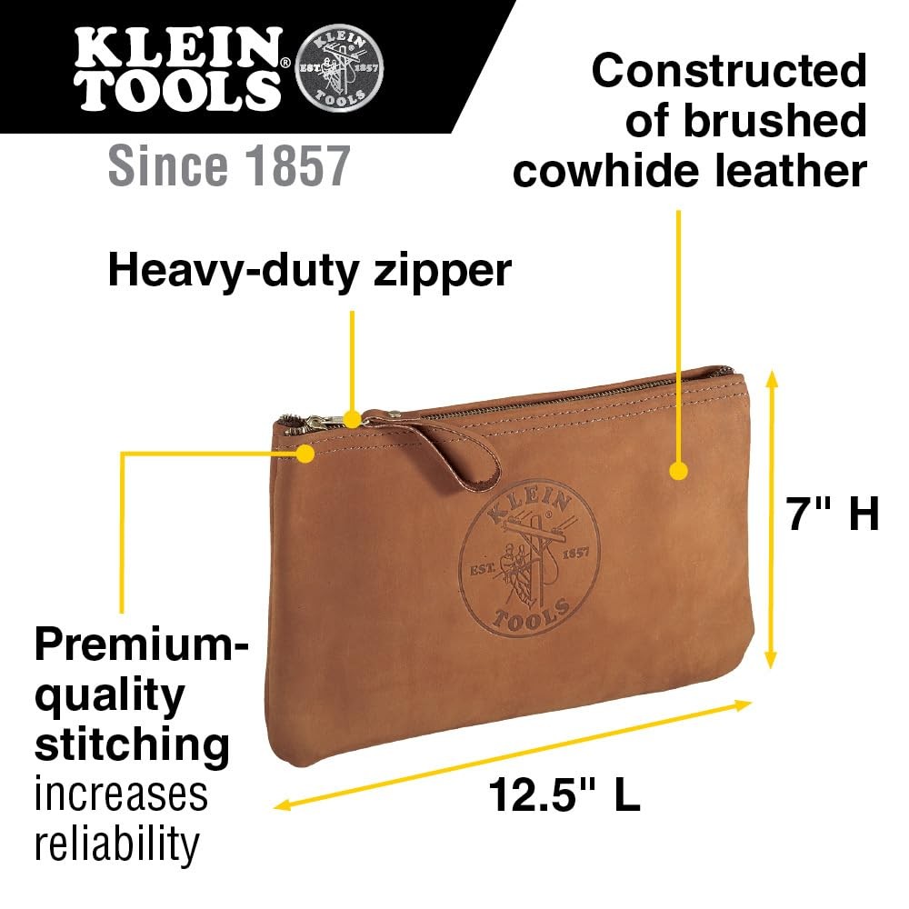 Klein Tools 5139L Zipper Bag, TopGrain Leather Tool Pouch with Strong Zipper …