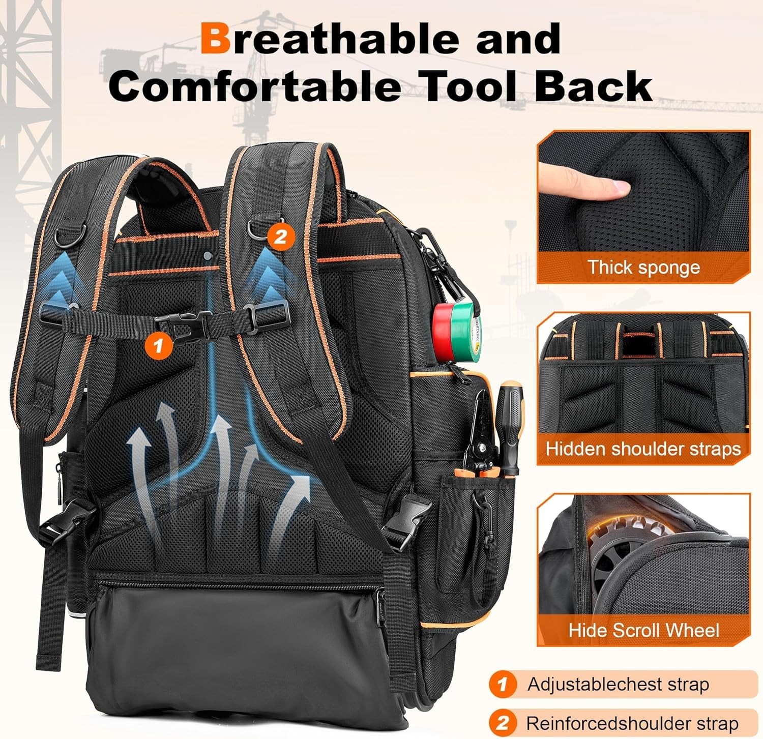 Tool Backpack with Smooth Swivel Wheels and Adjustable Trolley Handle