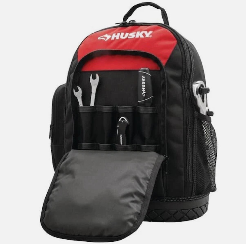Husky 16″ Tool Backpack Heavy Duty Rubber Bottom Red Storage Bag 21-Pocket – NEW