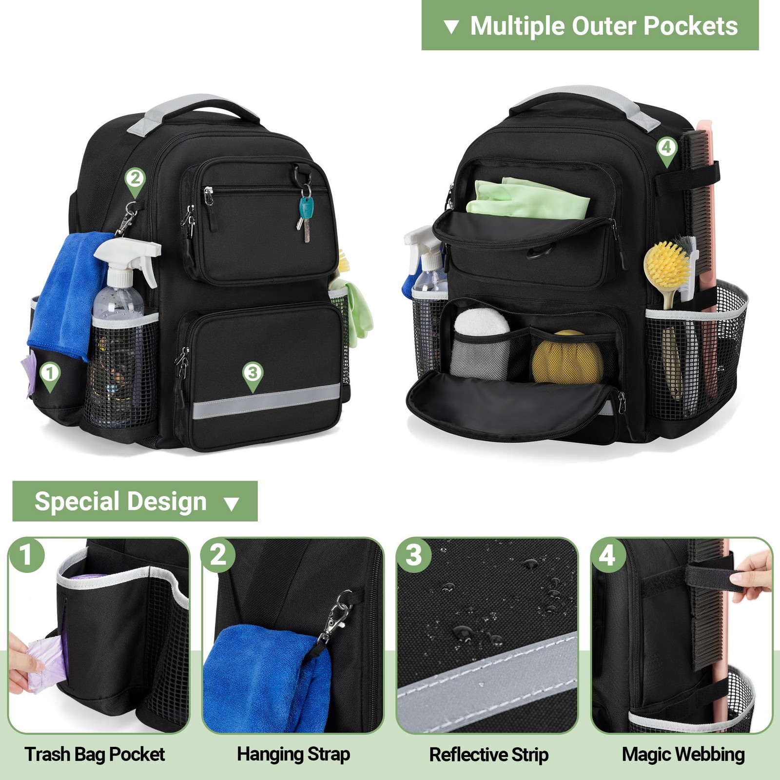 Cleaning Backpack with Bottom Plate & Waterproof Medium, Black