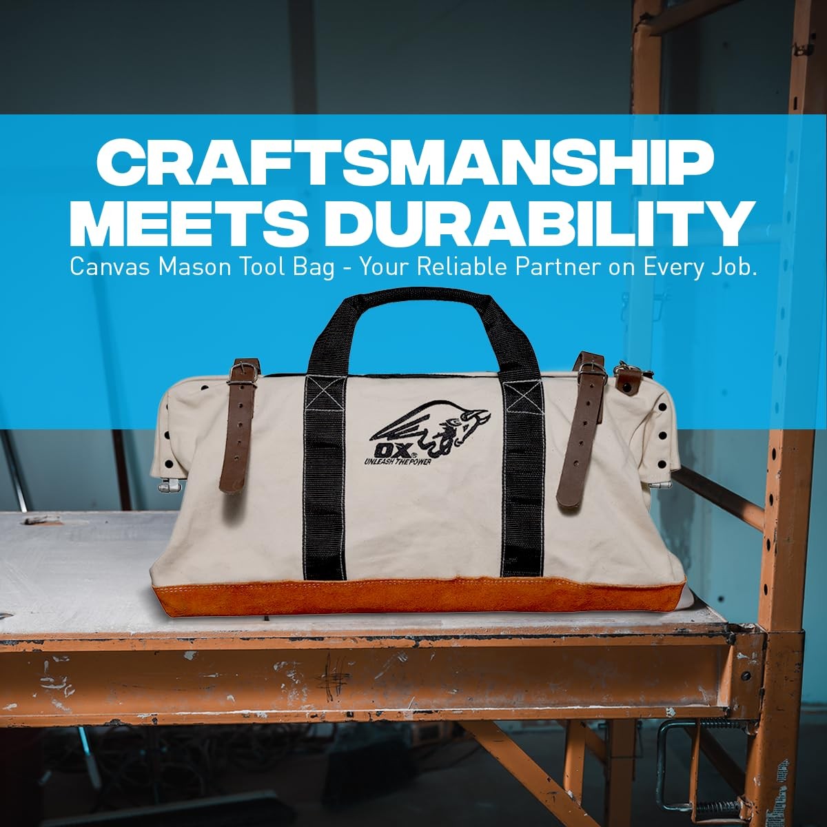 OX Canvas Tool Bag 24 Inch Masonry Heavy Duty Leather Straps