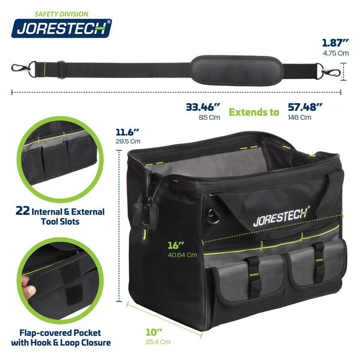 Tool BAG 16 Inch 22 Pockets 16″ x 10″ x 11″ Storage Wide Mouth 30 L JORESTECH