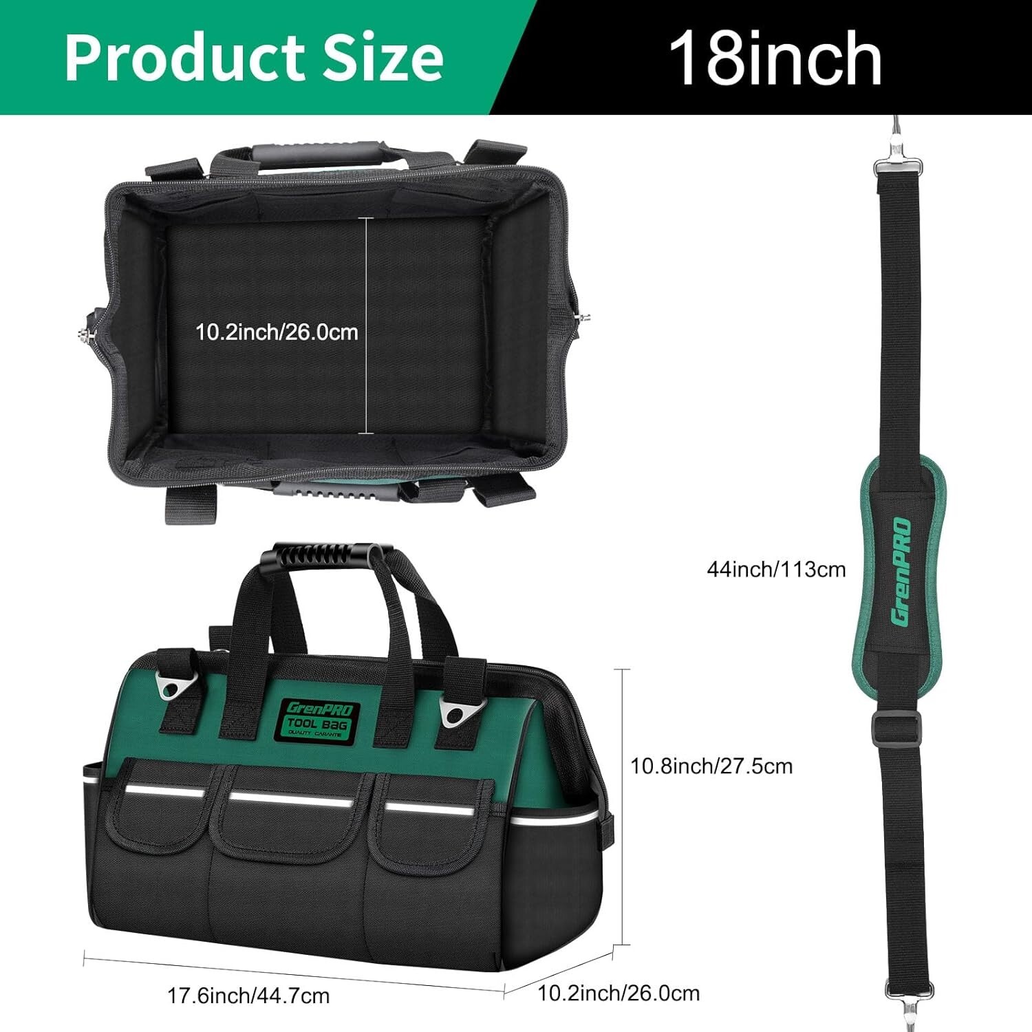 18 Inch Tool Bag with Adjustable Shoulder Strap,Wide Mouth Tool Bags,Heavy Duty