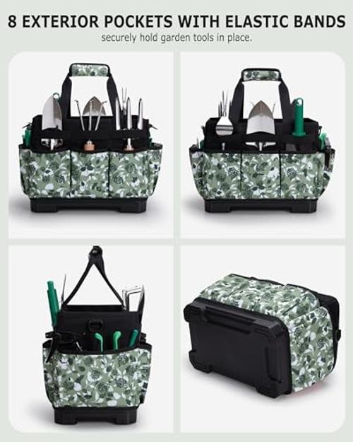 Garden Tool Bag with Hard Bottom, Garden Tote with Shoulder Strap | Green Rose