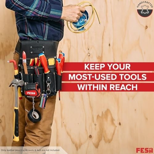 13-in-1 Leather Electrician Tool Pouch w/ Hammer Loop, Tape Measure Clip & 6 Poc