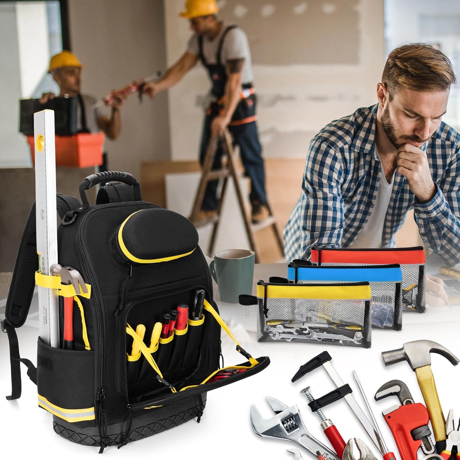 Tool Backpack with Hard Bottom and 3 Pouches, Heavy Duty Tool Organizer