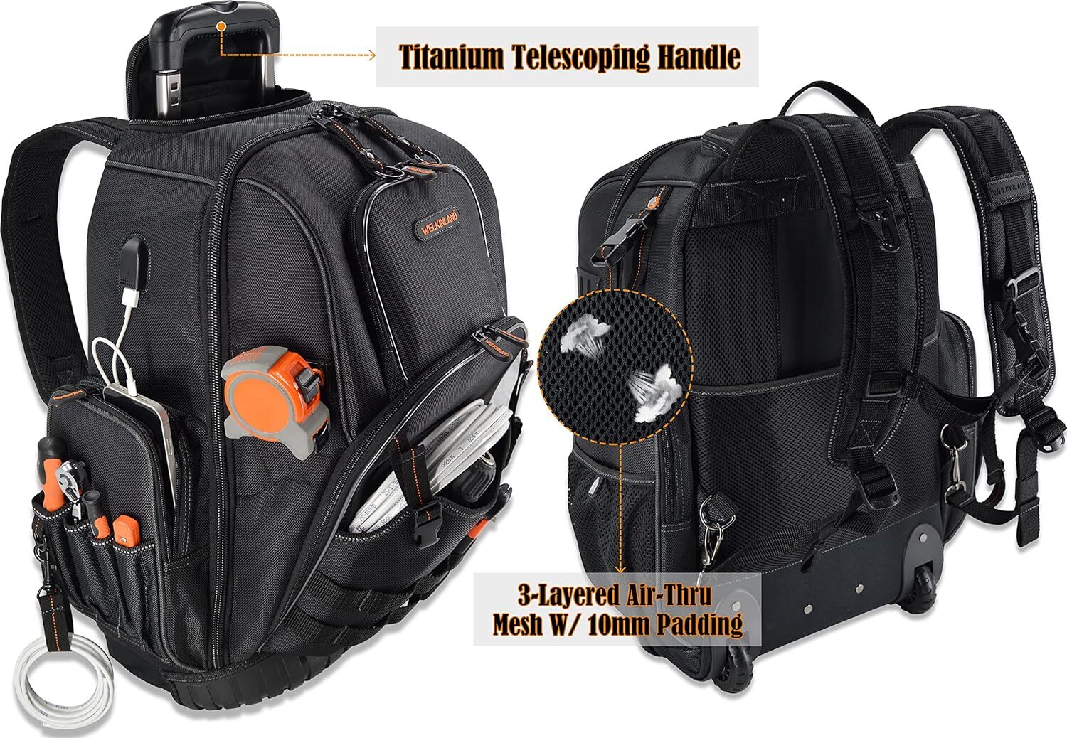 Wheeled Tool Backpack,Large Tool Kit with Wheels, Electrician’s Wheeled Tool Kit